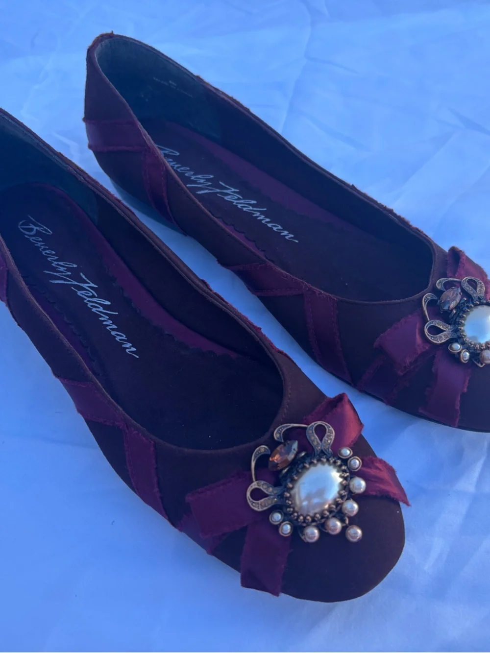 Beverly Feldman Burgundy Satin Ballet Flats